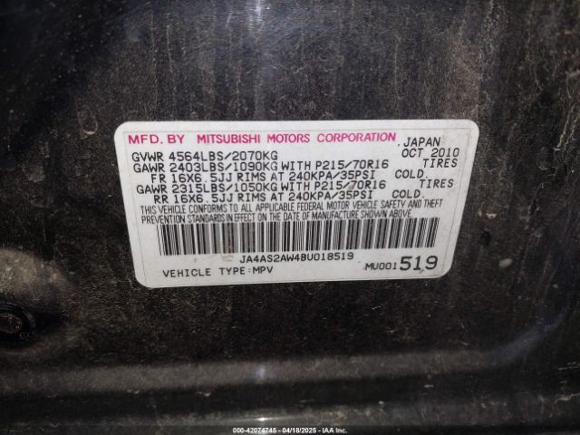 2011 MITSUBISHI OUTLANDER JA4AS2AW4BU018519 Photo 8