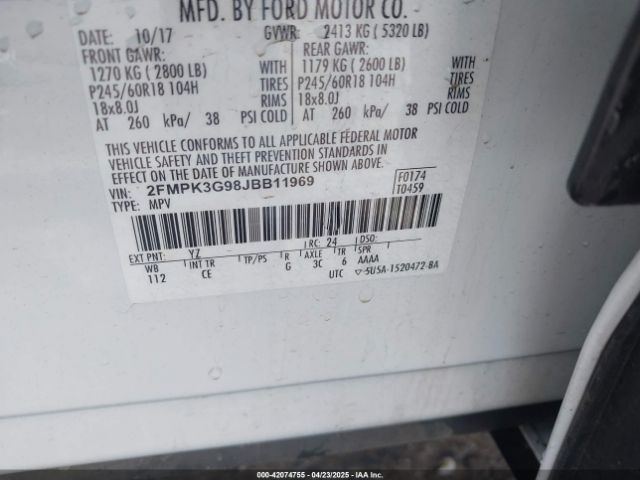 2FMPK3G98JBB11969 Ford EDGE SE