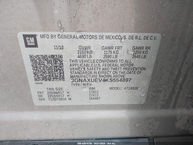 3GNAXUEV4KS554897 Chevrolet EQUINOX LT