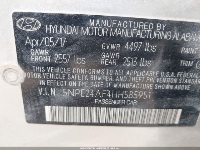 5NPE24AF4HH585951 Hyundai Sonata