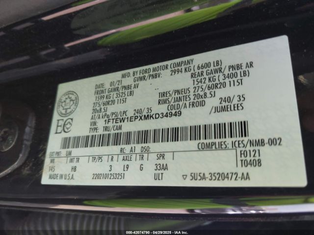 1FTEW1EPXMKD34949 Ford F-150 Lariat