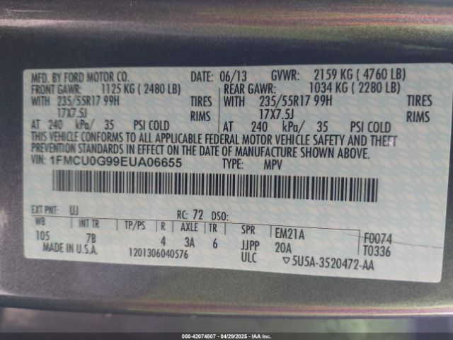 1FMCU0G99EUA06655 Ford ESCAPE SE