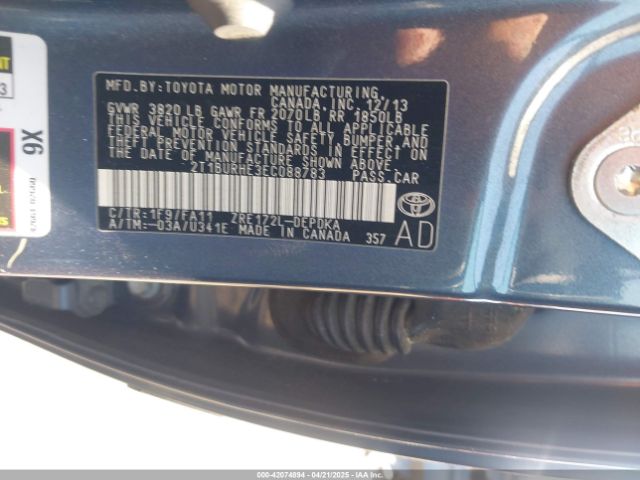 2T1BURHE3EC088783 Toyota COROLLA L