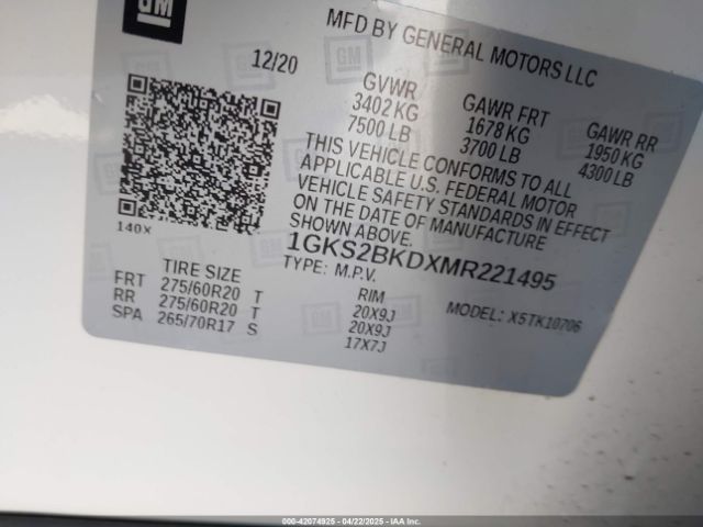 1GKS2BKDXMR221495 GMC Yukon 4wd Slt