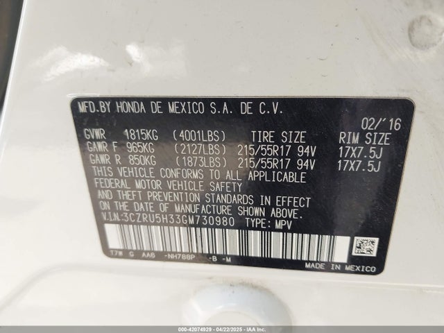 Honda HR-V LX 2016 3CZRU5H33GM730980 Image 9