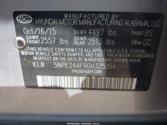 5NPE24AF9GH325351 Hyundai SONATA SE