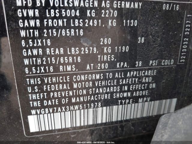 WVGBV7AX3HW511978 Volkswagen 2.0 tsi