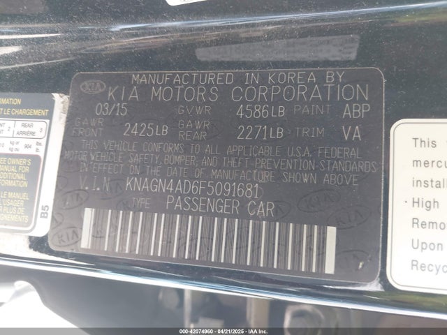 KNAGN4AD6F5091681 KIA Optima Hybrid Ex