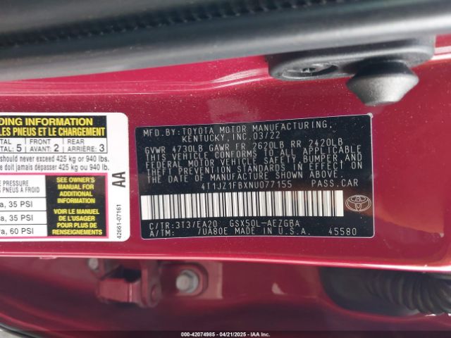 4T1JZ1FBXNU077155 Toyota AVALON XLE