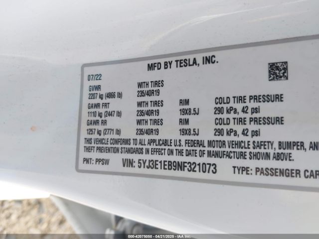 2022 TESLA MODEL 3 5YJ3E1EB9NF321073 Photo 8