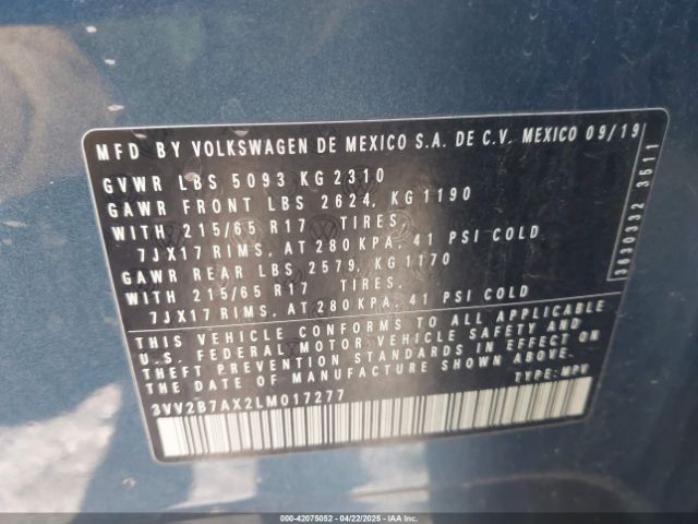 3VV2B7AX2LM017277 Volkswagen Tiguan 2.0t Se/2.0t Se R-line Black/2.0t Sel