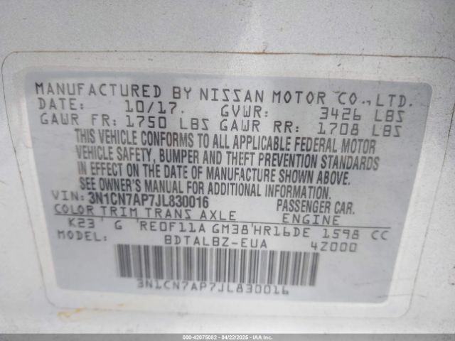3N1CN7AP7JL830016 Nissan Versa 1.6 Sv