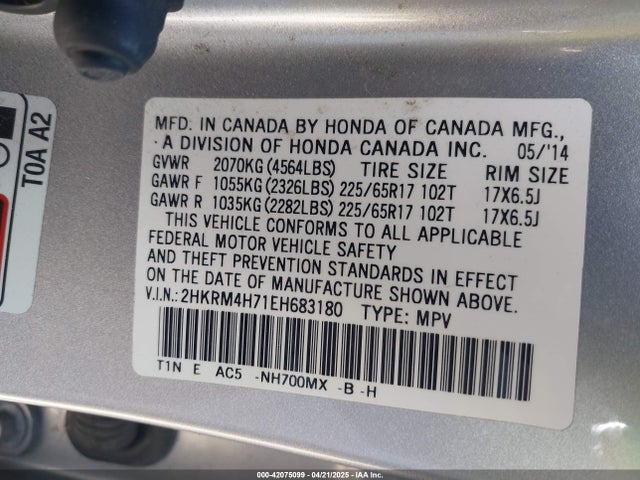 2HKRM4H71EH683180 Honda Cr-v Ex-l