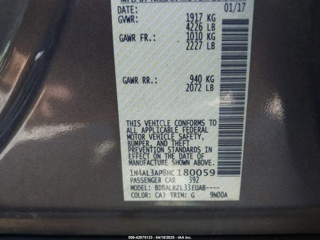 1N4AL3AP8HC180059 Nissan Altima 2.5 Sl