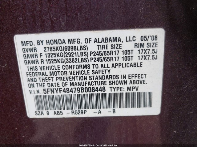 Aukcja sprzedaży 2009 Honda Pilot Ex, vin: 5FNYF48479B008448, numer aukcji: 42075146