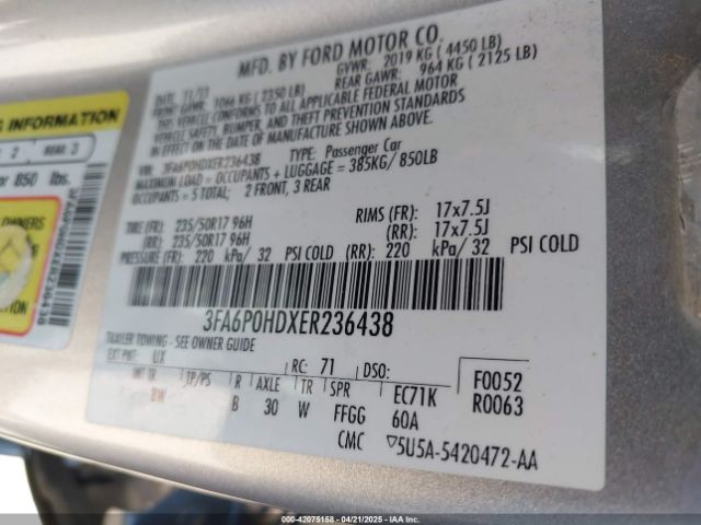 3FA6P0HDXER236438 Ford FUSION SE