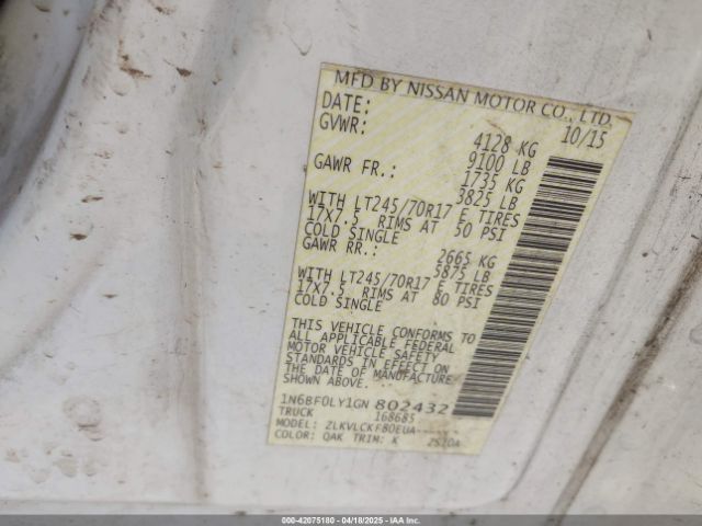 1N6BF0LY1GN802432 Nissan Nv Cargo Nv2500 Hd S V6