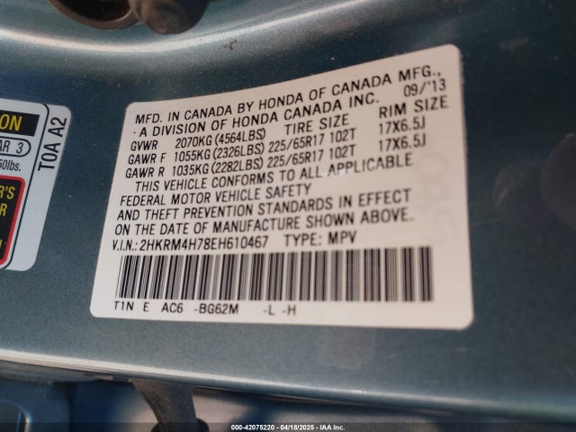 2HKRM4H78EH610467 Honda Cr-v Ex-l