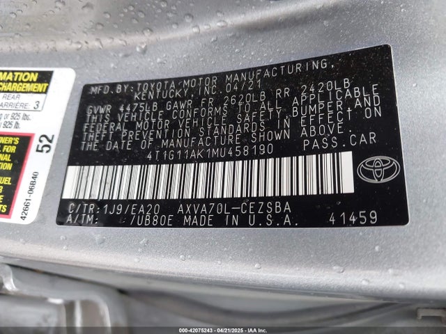 4T1G11AK1MU458190 Toyota CAMRY SE