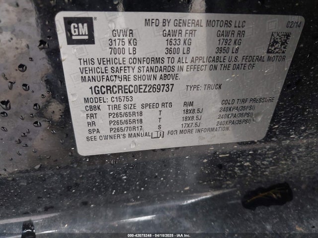 1GCRCREC0EZ269737 Chevrolet Silverado 1500 1lt
