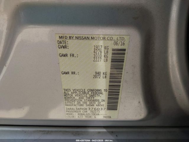 1N4AL3APXGN376037 Nissan Altima 2.5/2.5 S/2.5 Sl/2.5 Sr/2.5 Sv