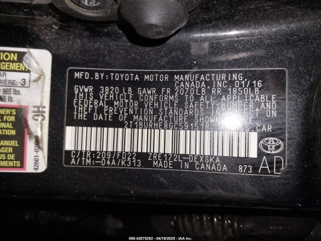 2T1BURHE8GC591518 Toyota Corolla S Plus