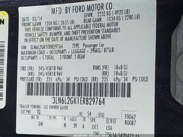 3LN6L2GK1ER829764 Lincoln MKZ
