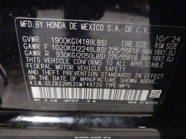 3CZRZ2H53SM749720 Honda Hr-v Awd Sport