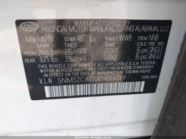 5NMS2CAD0KH098259 Hyundai Santa Fe Se