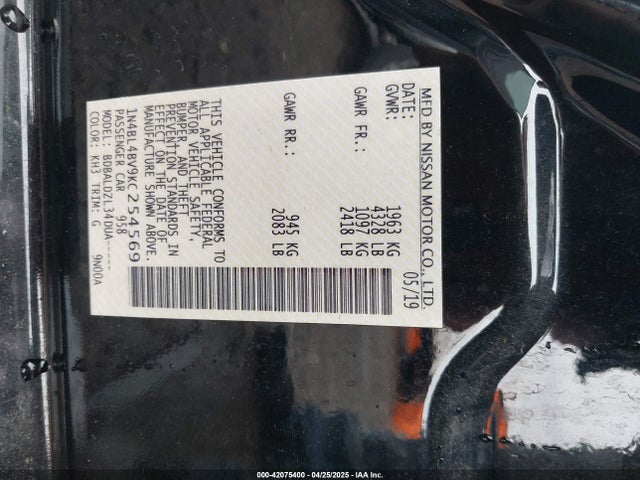 Nissan Altima 2.5 S 2019 1N4BL4BV9KC254569 Image 9