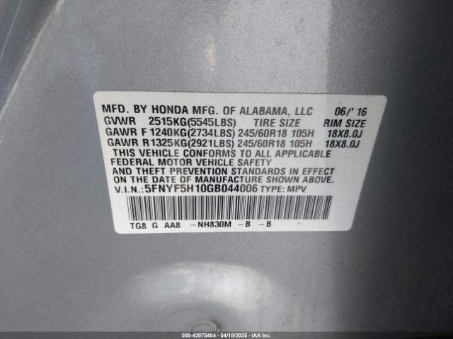 5FNYF5H10GB044006 Honda PILOT LX