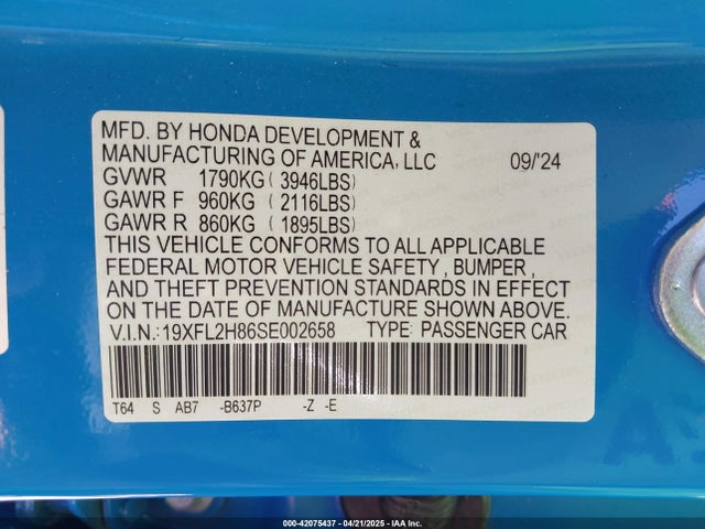 19XFL2H86SE002658 Honda k20c9