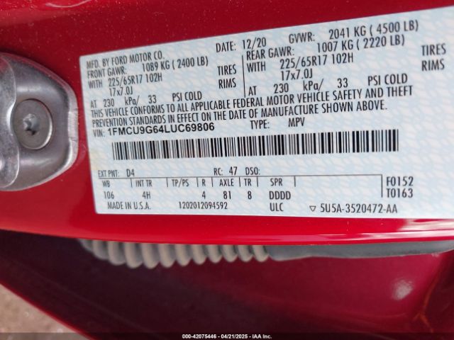 1FMCU9G64LUC69806 Ford ESCAPE SE