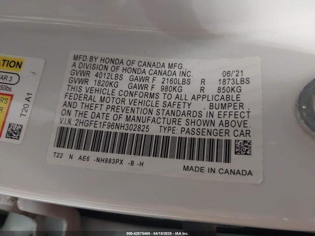 2HGFE1F96NH302825 Honda Civic Touring