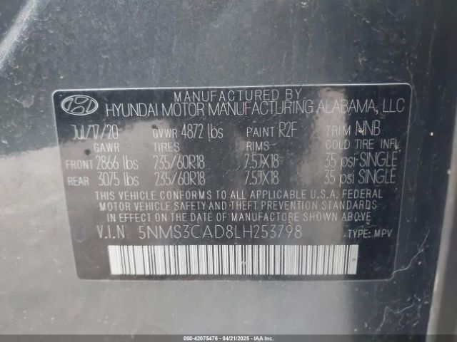 5NMS3CAD8LH253798 Hyundai Santa Fe Sel