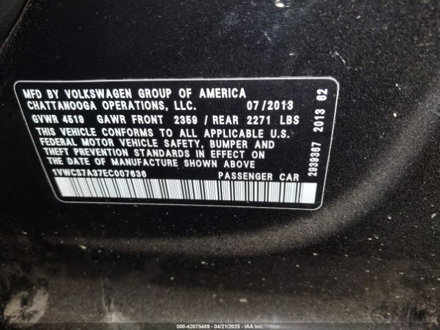 1VWCS7A37EC007636 Volkswagen Passat 1.8t Sel Premium