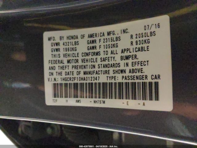 1HGCR2F10HA012347 Honda Accord Sport Se