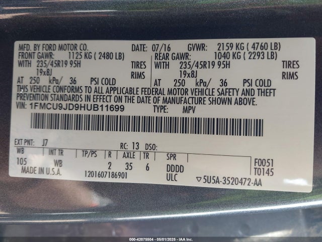 Ford Escape Titanium 2017 1FMCU9JD9HUB11699 Image 9