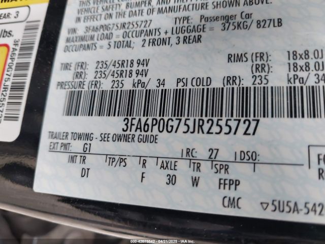 3FA6P0G75JR255727 Ford FUSION S
