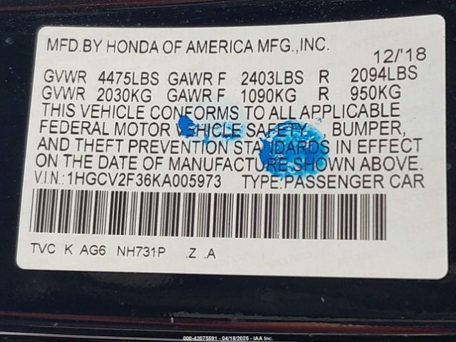 1HGCV2F36KA005973 Honda Accord Sport 2.0t