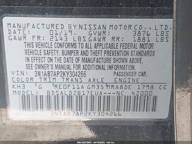 3N1AB7AP2KY304266 Nissan 2019