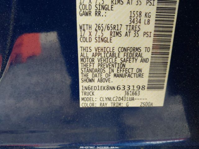 1N6ED1EK8NN633198 Nissan Frontier Sv 4x4