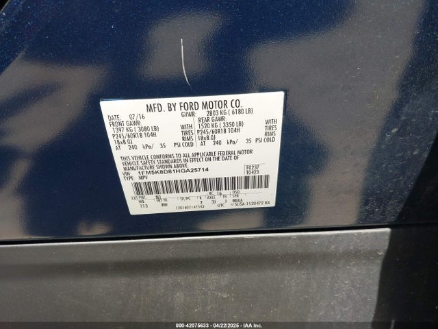 1FM5K8D81HGA25714 Ford EXPLORER XLT