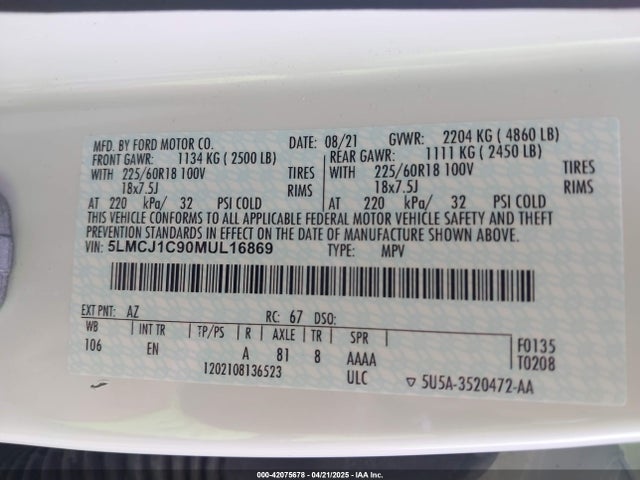 5LMCJ1C90MUL16869 Lincoln Corsair Standard