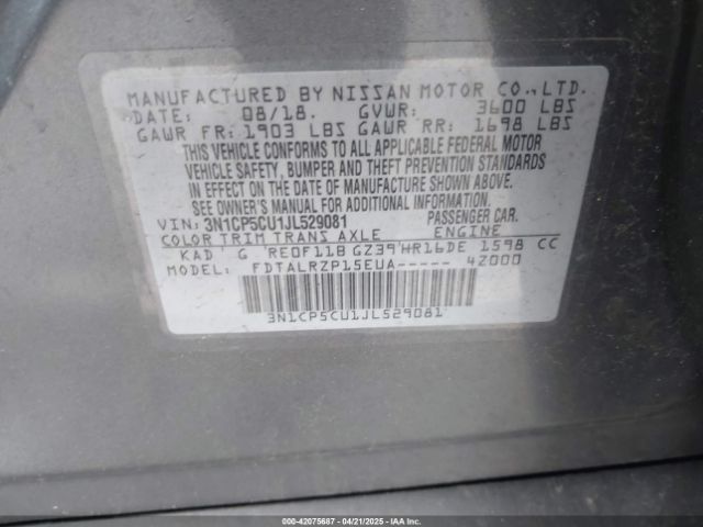 3N1CP5CU1JL529081 Nissan KICKS S