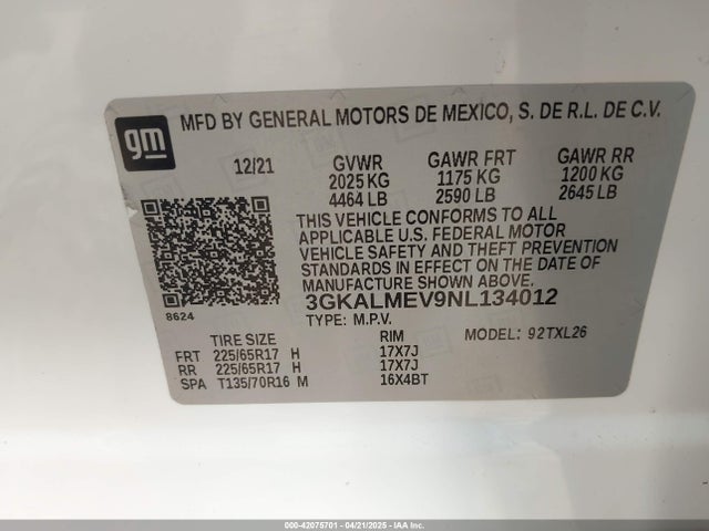 3GKALMEV9NL134012 GMC Terrain Fwd Sle