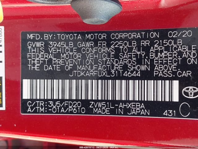 JTDKARFUXL3114644 Toyota Prius Le