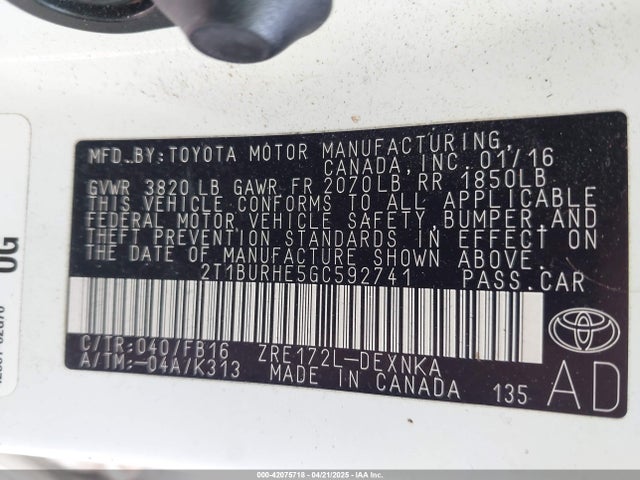 2T1BURHE5GC592741 Toyota COROLLA LE