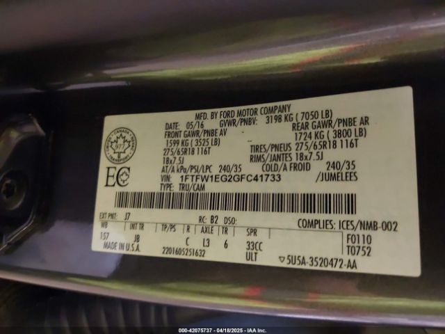 1FTFW1EG2GFC41733 Ford F-150 Xlt