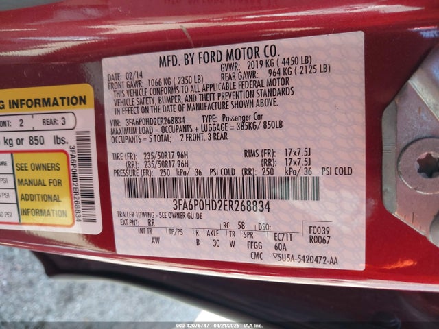 Ford FUSION SE 2014 3FA6P0HD2ER268834 Image 9